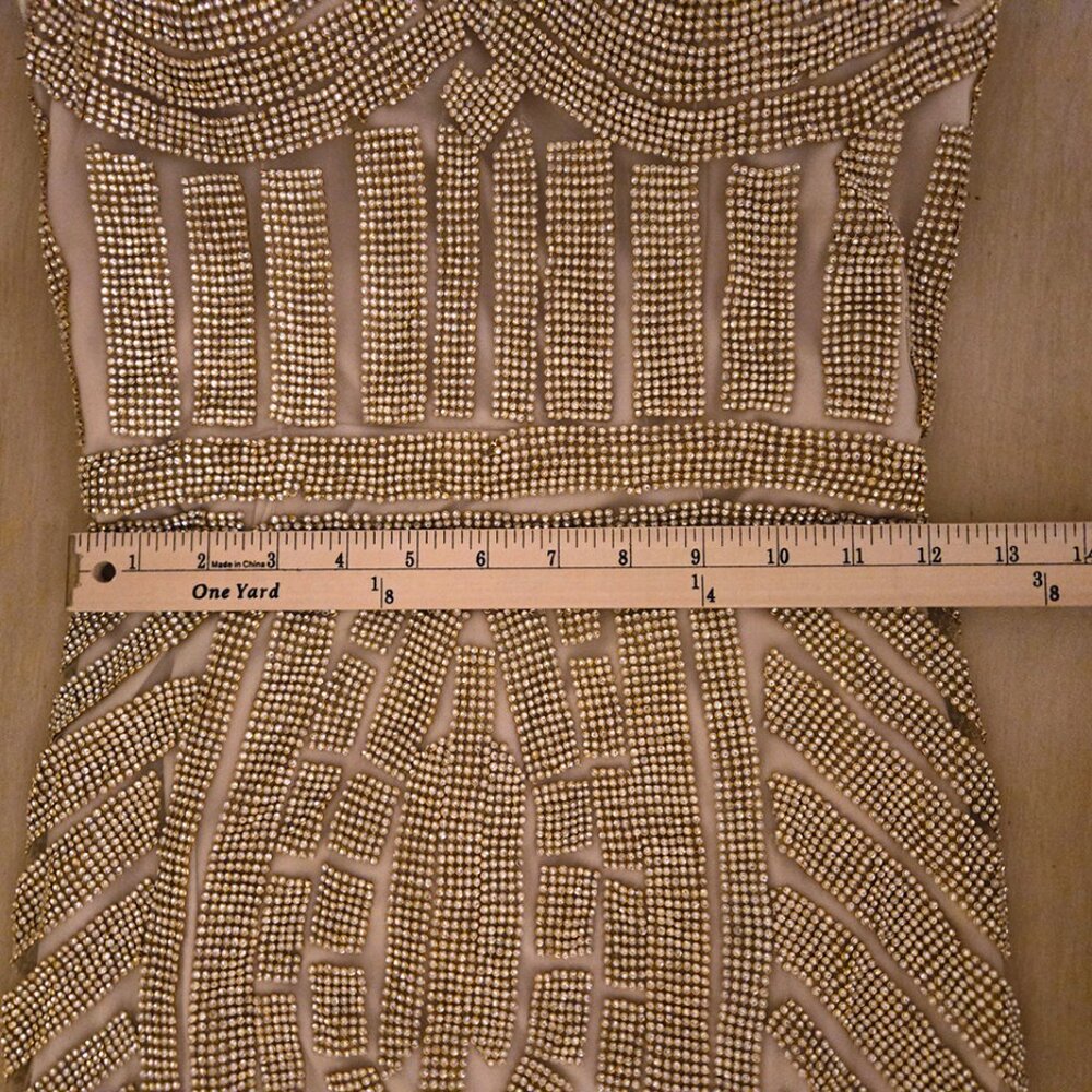 Andrea & Leo Gold Beaded Crystal Embellished Evening Strapless Gown Size 6 - Picture 9 of 13
